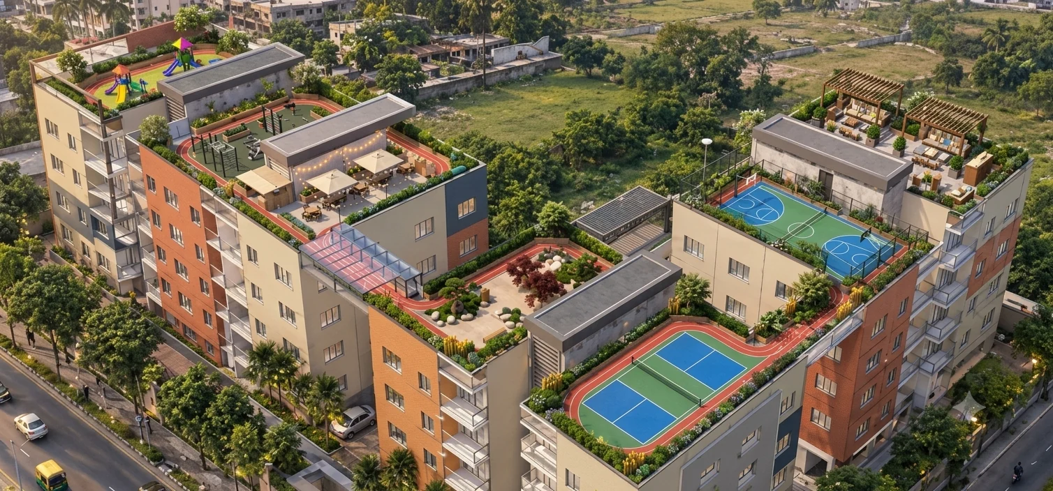 Bird's eye view of the terraces and surroundings