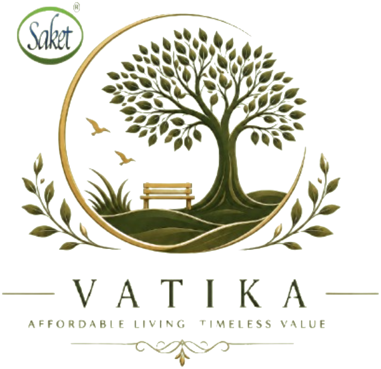 Saket Vatika logo: a tree beside a bench inside a gold ring. Affordable living, timeless value.